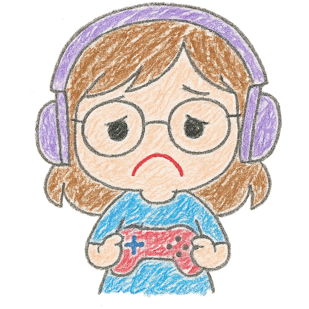 Edit the image of a female brunette with glasses and a purple gaming headset in chibi style to have a sad facial expression. Keep the background transparent. emoji