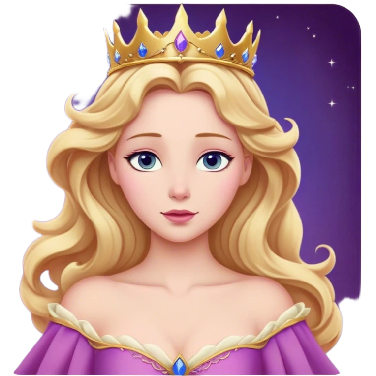 Cinematic Realistic Sleeping Beauty (Aurora) Portrait, with porcelain-like skin featuring a natural rosy flush, illuminated by soft lighting that highlights the gentle contours of her face. Her golden blonde hair flows in soft, detailed waves with subtle highlights that shimmer in the light. Her deep violet-blue eyes radiate warmth and innocence, framed by arched brows and long lashes. Her serene expression exudes quiet elegance. She is dressed in her classic pink gown, the fabric rich in texture with delicate folds that catch the light. A golden crown rests atop her head, gleaming with royal refinement. The portrait captures a soft, glowing aura, blending realism with an ethereal sense of beauty and timeless enchantment. emoji