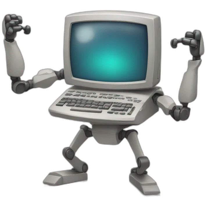 Anthropomorphic computer with arms and legs doing something random emoji