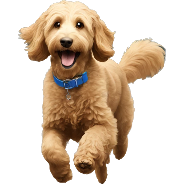 Goldendoodle with blue collar chasing a squirrel  emoji