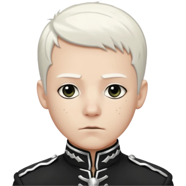 Head and shoulders emoji of a pale man with short white hair, wearing a black marching band jacket with silver trim. black eyeliner. Expression stoic, commanding, and theatrical, heroic emo style emoji