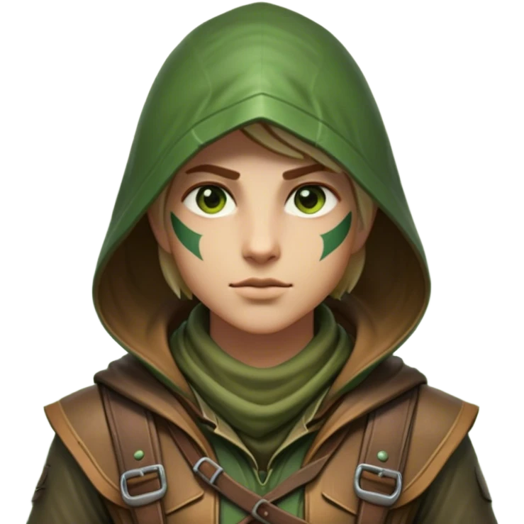 Clash of Clans aesthetic friendly Ranger Portrait Emoji, With a lean, agile build clad in earth-toned leather and green accents, a keen, focused gaze and a weathered hood shadowing determined eyes, his face rendered in a natural skin tone (not yellow), Simplified yet sharply defined features, highly detailed, glowing with a soft, natural woodland radiance, high shine, intelligent and resolute, stylized with an air of forest guardian authority, focused and alert, soft glowing outline, capturing the essence of a confident ranger ready to defend the wild with stealth and valor! emoji