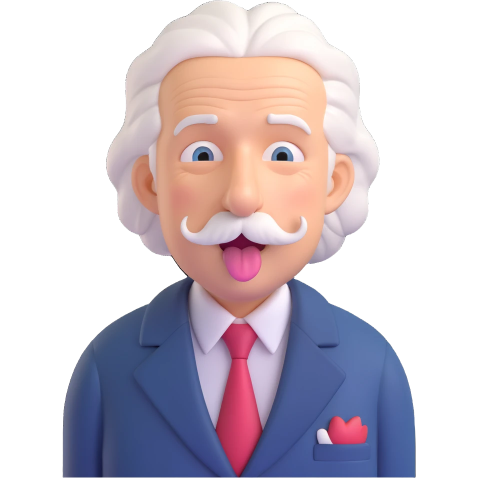 Einstein sticking his tongue out, 3D style, white hair, mustache, suit emoji