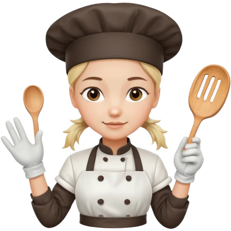 Young female pastry chef - single ponytail, apron, white chef's hat, wearing insulated gloves emoji