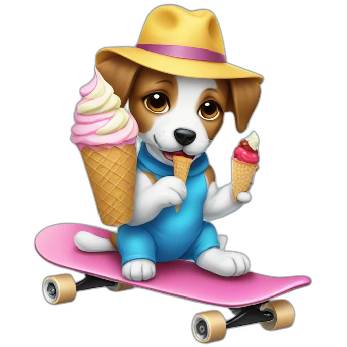 Puppy wearing a hat eating ice cream on a skateboard emoji