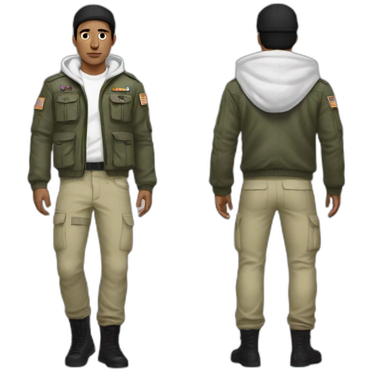 white guy black hair with militay print hat and white hoodie and pants emoji