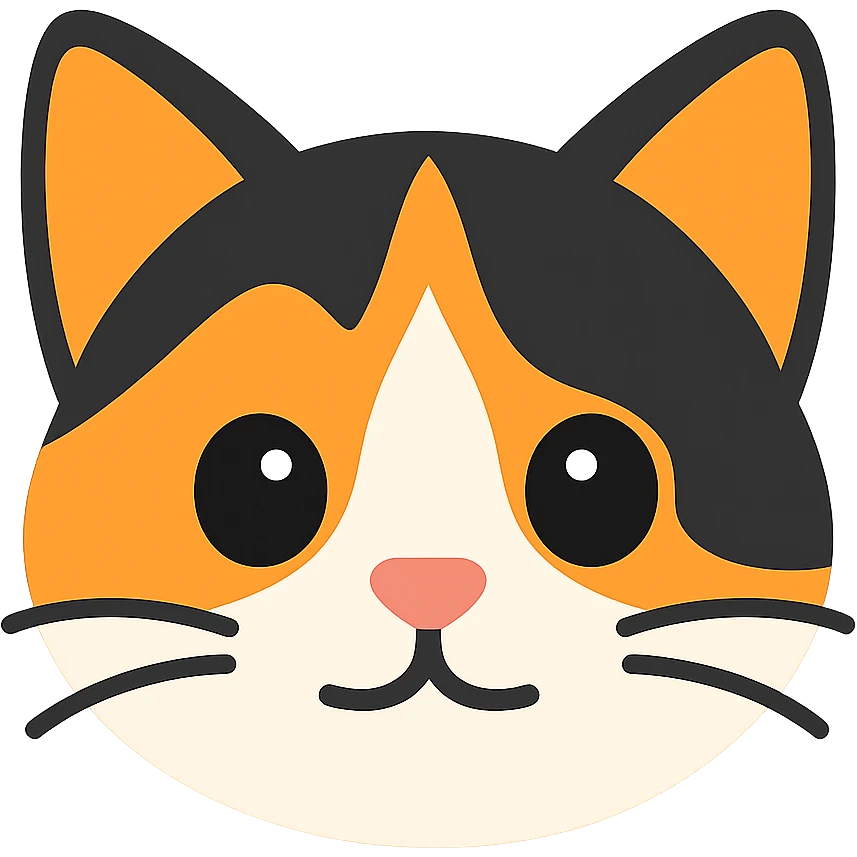 Create an apple emoji style calico cat kitten face. The face should be simple and cute with a round shape and big eyes. Use minimal details and depict the orange, black, and white calico pattern clearly. The background should be transparent. emoji
