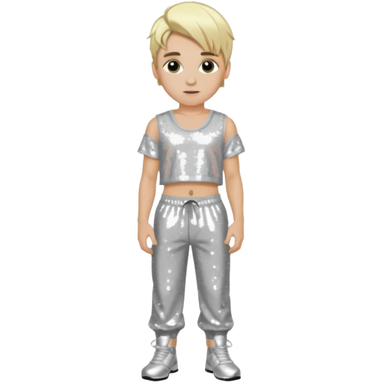 Aaron Carter with blonde hair, silver sequin crop top, silver sequin baggy pants emoji