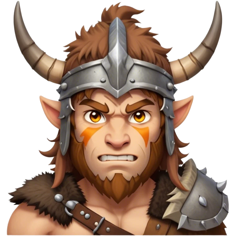 Clash of Clans aesthetic: Cinematic Fierce Barbarian Portrait Emoji, Poised and bold with a rugged yet cartoonish build in tattered furs and a horned helmet, his face rendered in a natural skin tone (not yellow), expressive bright eyes and a confident smirk, Simplified yet dynamic features, highly detailed, glowing with a vivid, adventurous aura, high shine, heroic and spirited, stylized with an air of medieval warrior charm, focused and energetic, soft glowing outline, capturing the essence of a fearless barbarian adventurer ready to lead his clan with spirited valor! emoji