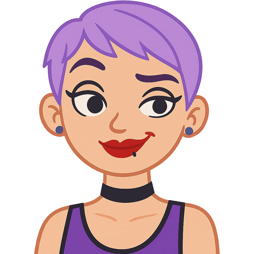 Make her raise her eyebrows and smirk, keeping the same style, pastel purple pixie hair, black choker, red lipstick, lip ring, and fashionista vibe. Transparent background. emoji