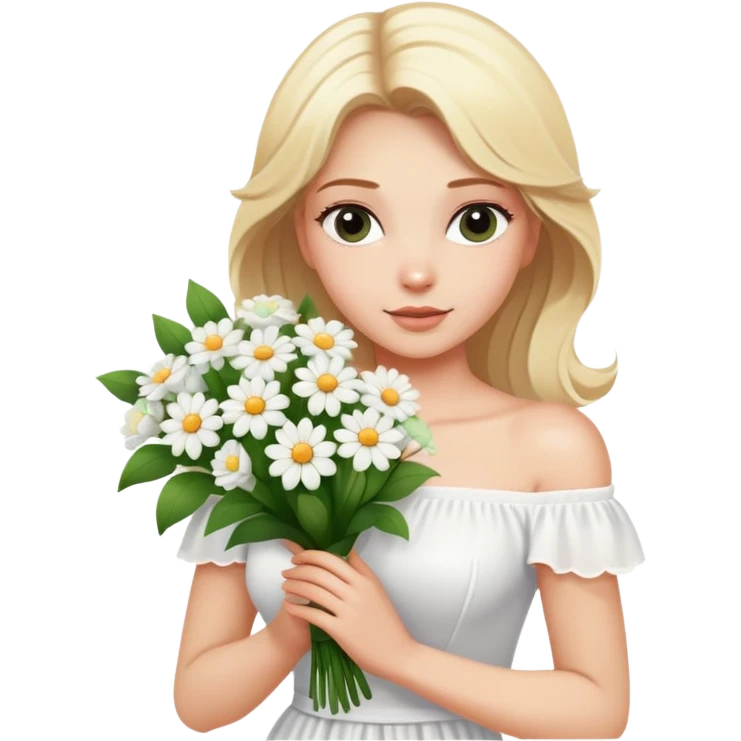 blonde woman in a white off-shoulder dress with a bouquet of white flowers emoji