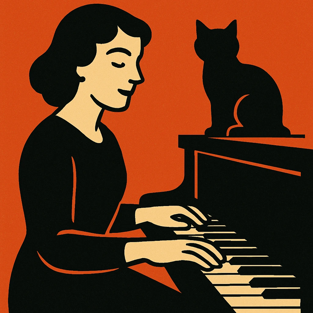 woman playing piano while her cat sits on top of the piano emoji