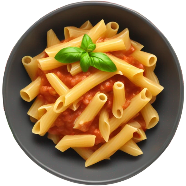 a bowl of italian pasta in red sauce topped with fresh basil emoji