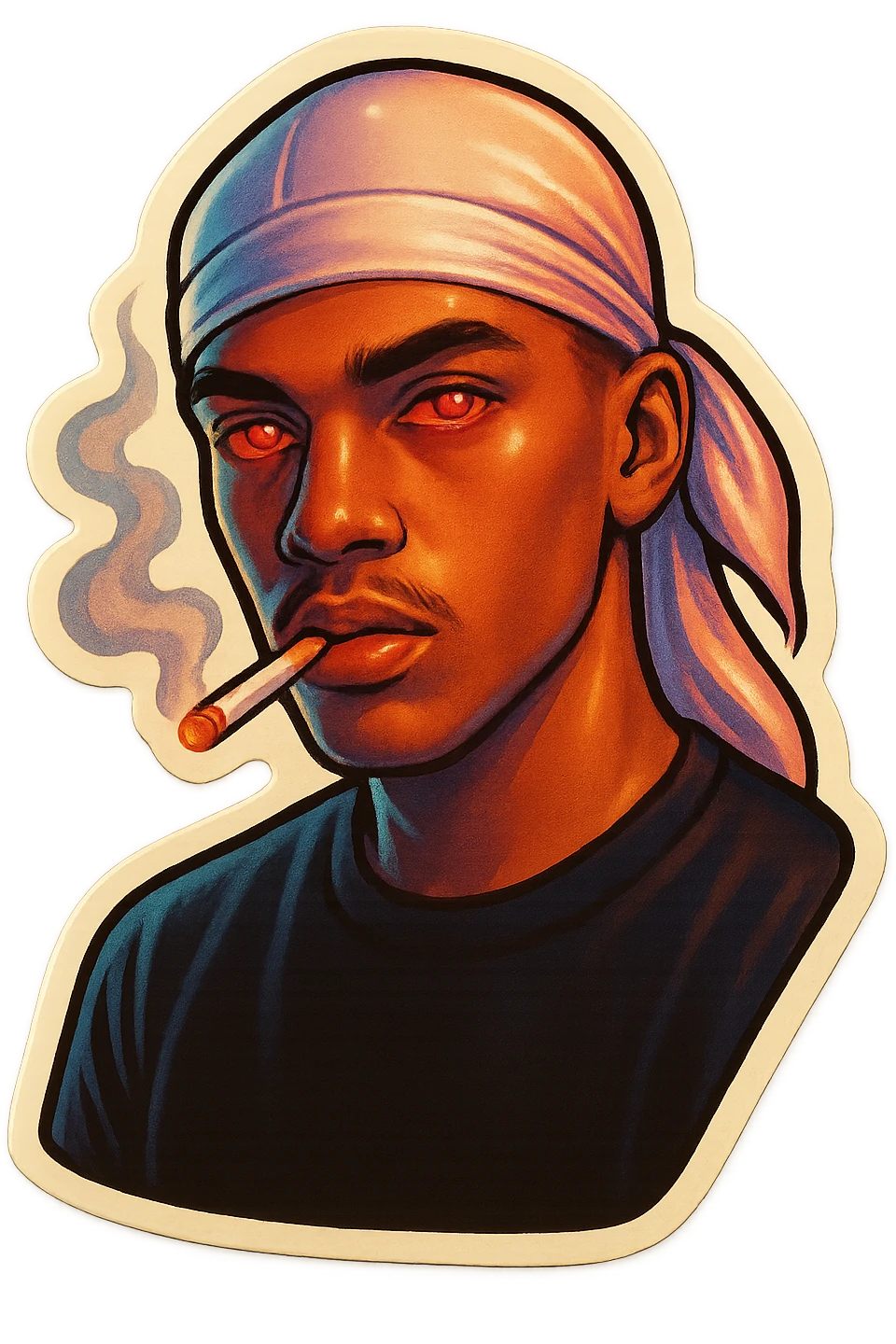 Red eyeds
Smoking
Change His durag To white emoji