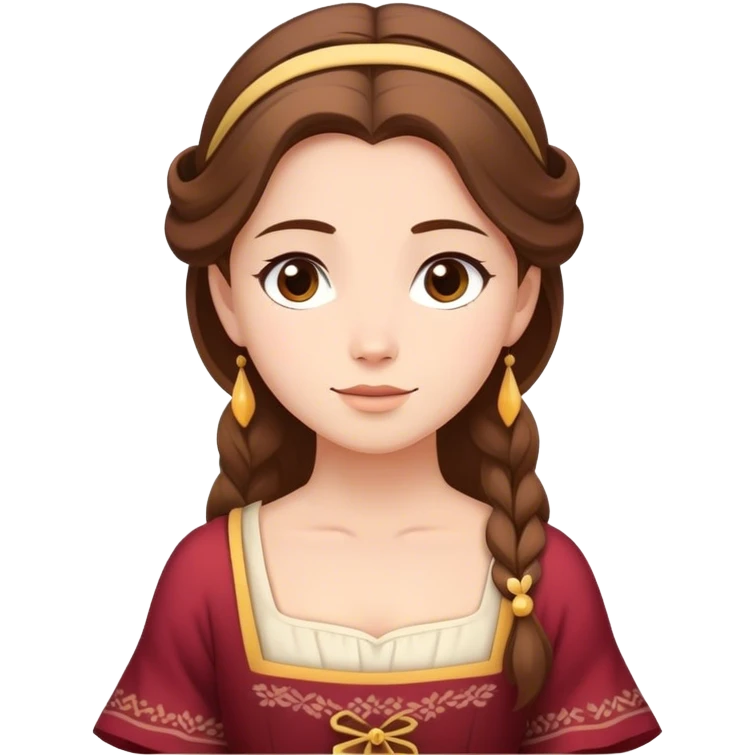 Cinematic Serene Belle Portrait Emoji, rendered in a simplified vector style. Depict a gentle Belle (chest and above) with fair, glowing skin, softly cascading brown hair, and a calm, inviting expression, dressed in her traditional village dress. The image exudes a soft, luminous glow and is outlined with a subtle, warm light. emoji