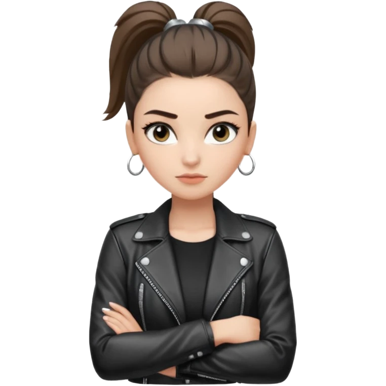 สีตาสีเทาอ่อน มีประกายคม
คิ้วได้รูป มองแล้วดูสตรอง
ผมหางม้าสูง
ลุคสตรีทแฟชั่น
ท่าโพสกอดอก
ฟีล: Girl Boss, cool beauty, minimal but powerful emoji