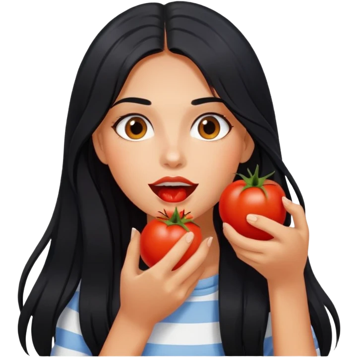 Pretty tanned girl with long black hair, eating tomatoes emoji