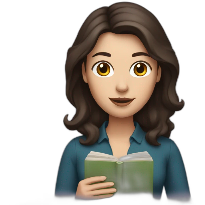 White woman with dark brown hair holding a book emoji