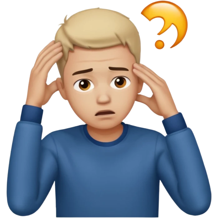 A frustrated young man holding his head looking sideways, confused expression, dramatic lighting, blurred dark background, cinematic YouTube intro style, ultra-realistic. emoji