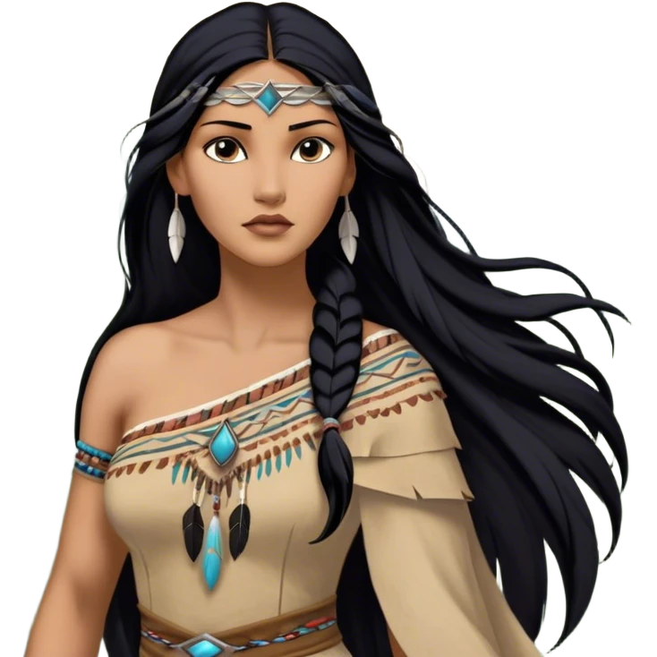 Cinematic Realistic Pocahontas Portrait, depicted with lifelike skin texture, soft natural lighting, and intricately detailed long, flowing raven-black hair that moves gracefully in the wind. Her deep, soulful dark brown eyes exude wisdom and strength, complemented by a serene yet powerful expression. She is dressed in her classic one-shoulder native american dress, with rich fabric textures and delicate beaded details that catch the light beautifully. The portrait features a soft, sun-kissed glow with a natural, radiant finish, capturing the essence of untamed beauty and deep connection to nature in a realistic and painterly style, evoking a sense of depth and authenticity. emoji
