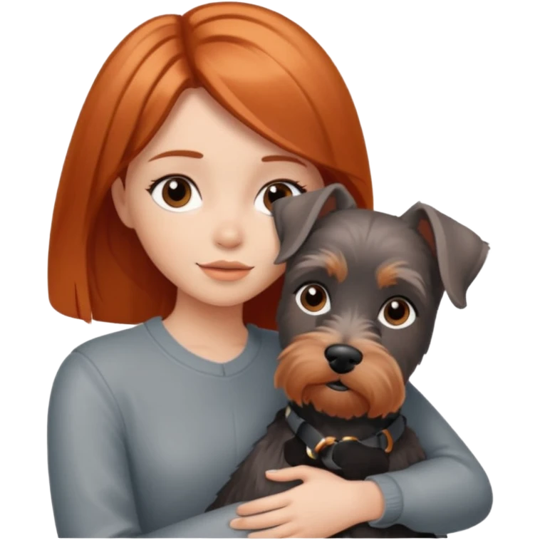 Girl with copper straight  hair medium length hugging a schauzer  emoji
