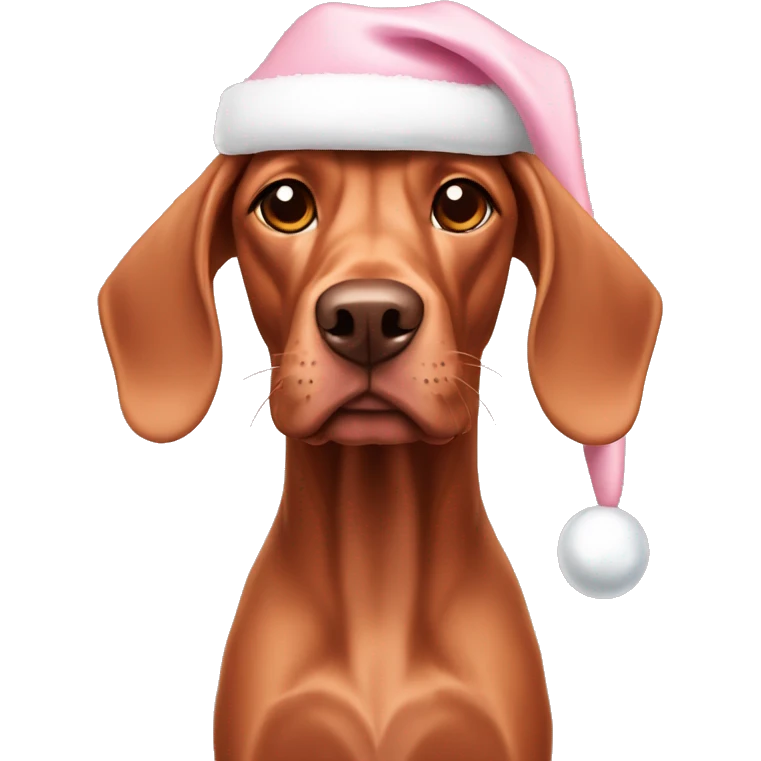 A vizsla dog with a light pink Christmas hat emoji