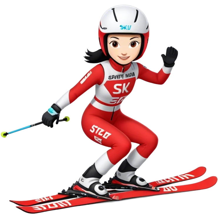 Ski racer downhill squat woman red white dress "Stephanie Venier" lettering Ski Head lettering black hair smile emoji
