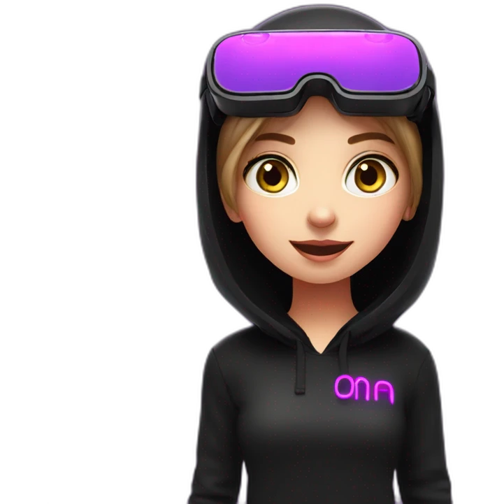 Russian girl wearing black hoody with violet letters "OMG", in vr headset. Violet neon. emoji