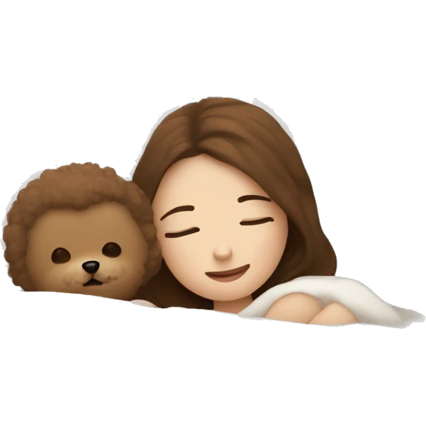 white pillow and a blanket, a white-skinned, brown-haired woman is sleeping with a little baby Bichon Friese emoji
