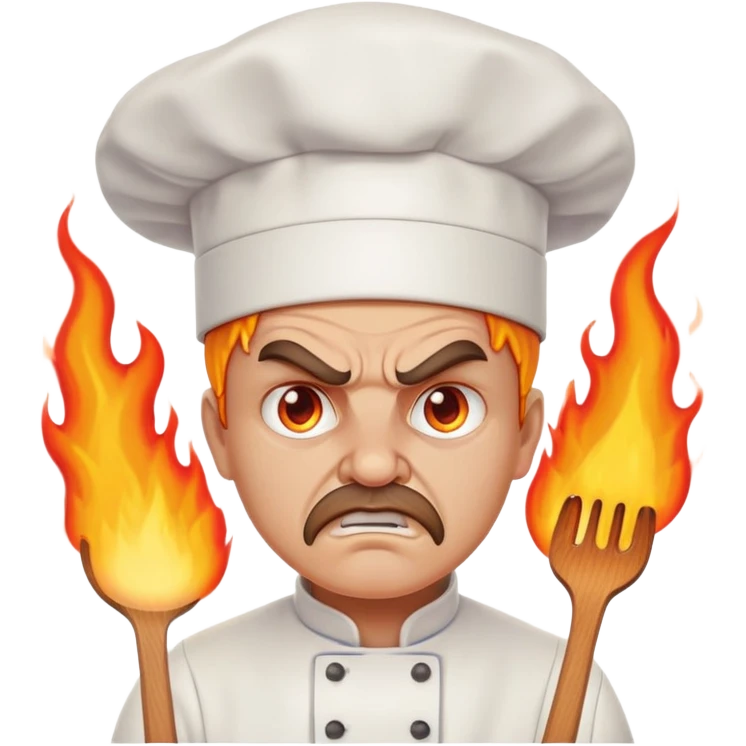 angry chef with flames coming out of eyes, cooking with passion emoji