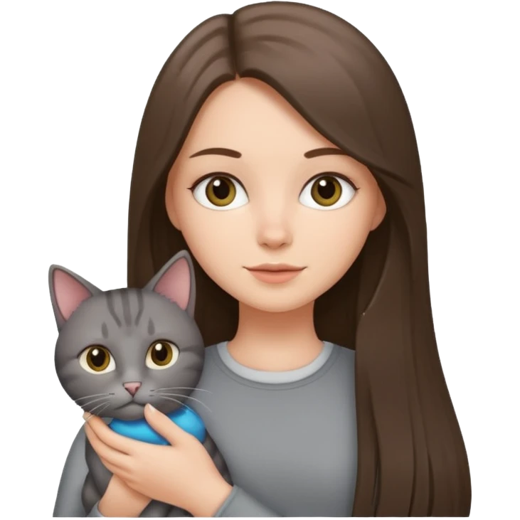 a white girl with brunette long straight hair holding a grey cat. emoji