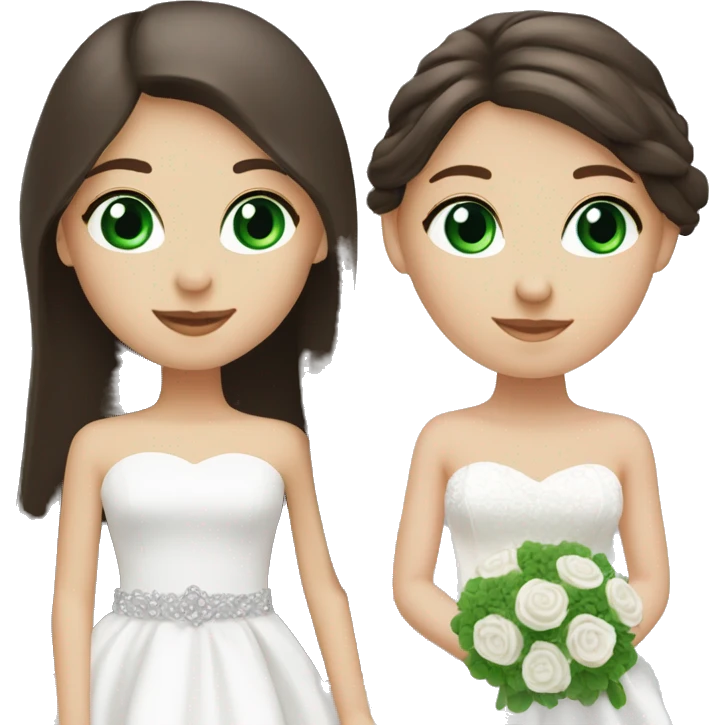 2 dark brown straight long hair white girls, one with green eyes and one with blue eyes. both in wedding dressed emoji