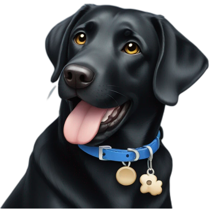 Happy Black Labrador wearing a blue collar with a bone shaped tag emoji