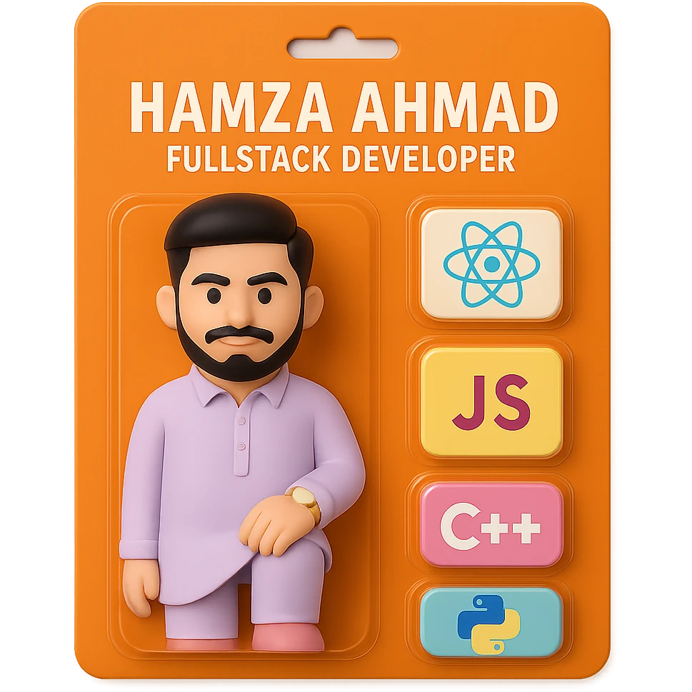 Refine the action figure toy to match the person in the new photo exactly: make the jawline sharp and defined, and adjust the hairstyle to match the photo. Keep the realistic vinyl figure style, strong orange card, and all previous details including blisters with React, JS, C++, Python logos, and the text 'Hamza Ahmad' and 'FullStack Developer'. Ensure the face and hair are accurate and not exaggerated. emoji