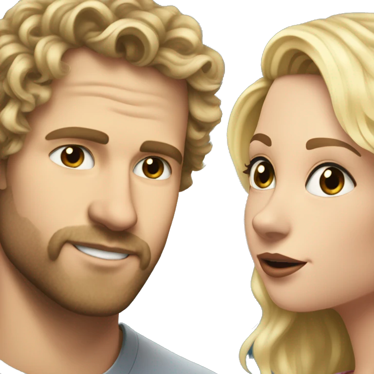 White man with scruff with brunette curly wavy hair kissing white pretty blonde girl with blonde layered hair emoji