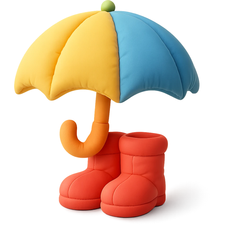 umbrella and rain boots, soft plush look, bright colors, cushion style emoji