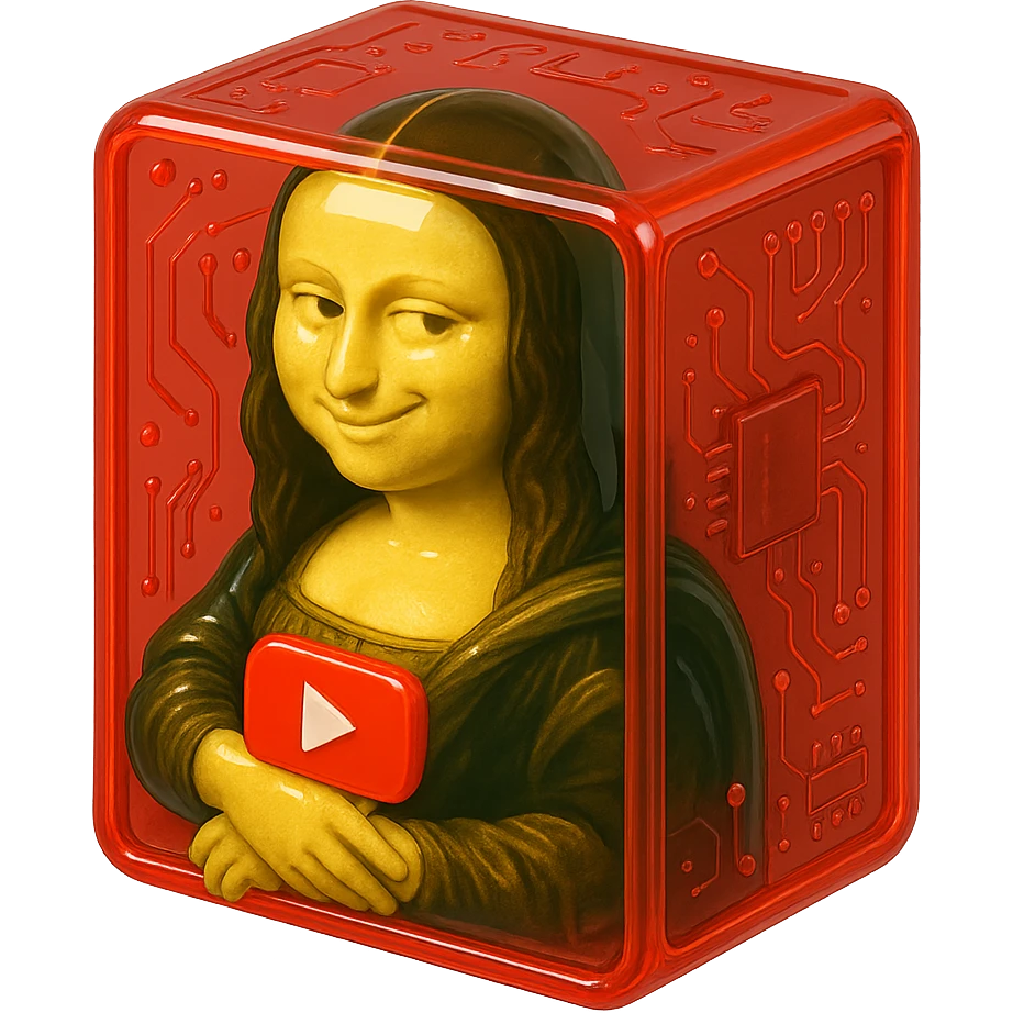 Mona Lisa with a playful sarcastic grin, holding a red YouTube play button, inside a red glossy circuit style box emoji