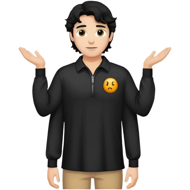 Caucasian man with black wavy hair wearing a loose-fitting long sleeve black shirt with collar and zip to the chest emoji