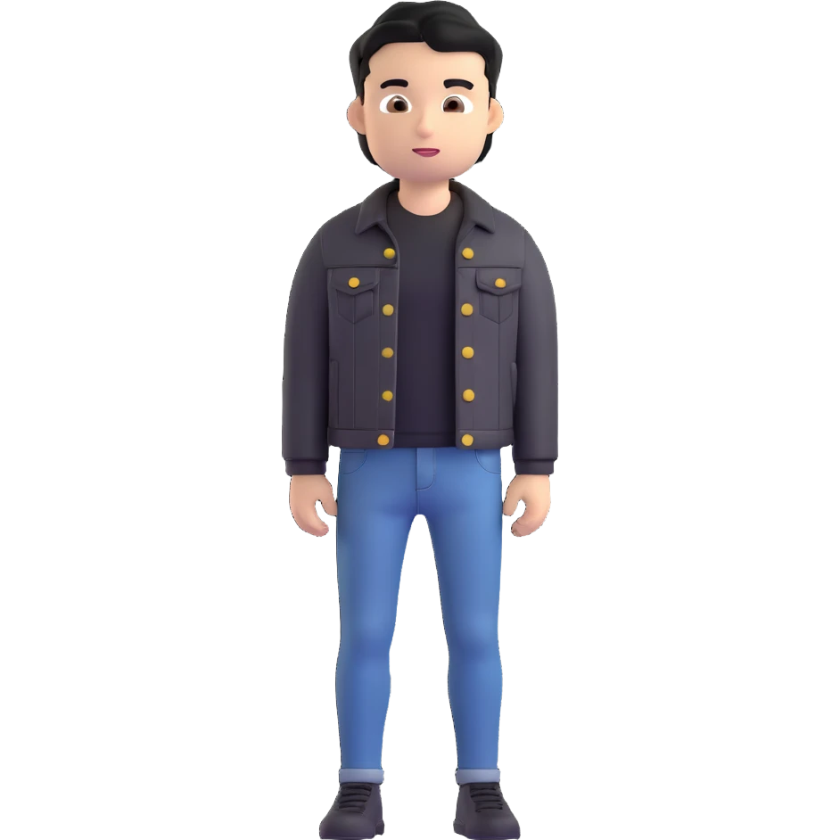 3D emoji Microsoft style, young man with black hair, wearing black t-shirt and black denim jacket, photo reference, neutral facial expression emoji