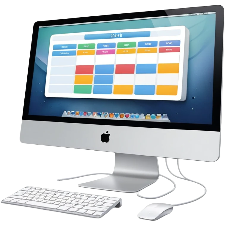 front-facing iMac showing a day schedule with vertical hours and horizontal client slots, several slots filled with color to indicate bookings emoji
