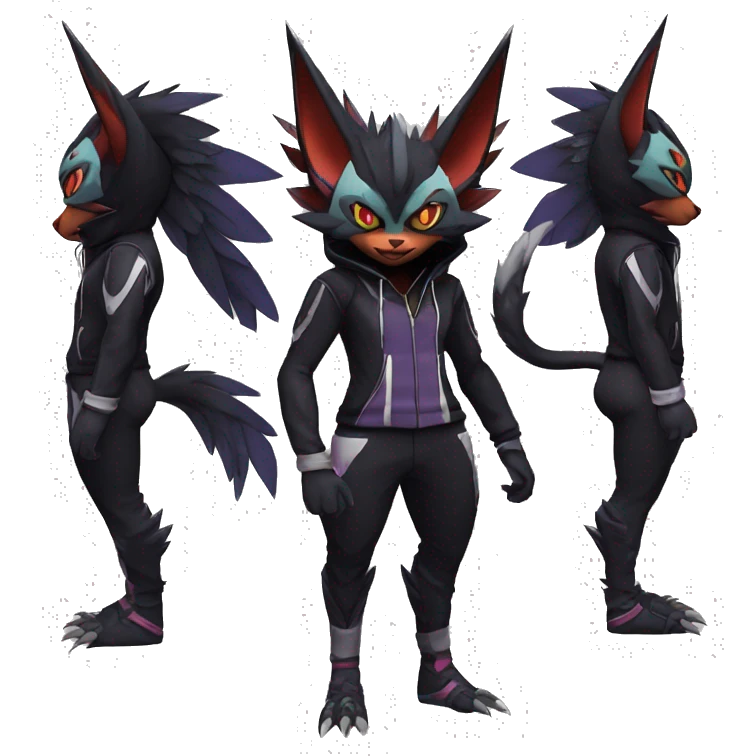 Cool Anthro Black Noivern-Absol-Litten-Pokémon with edgy stripes hoodie spiked collar punk Full Body emoji