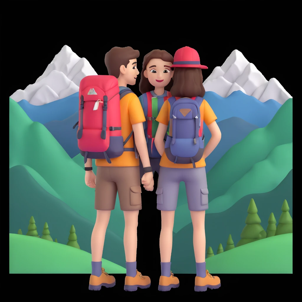 back packer couple posing, mountains in background,   close up pose emoji