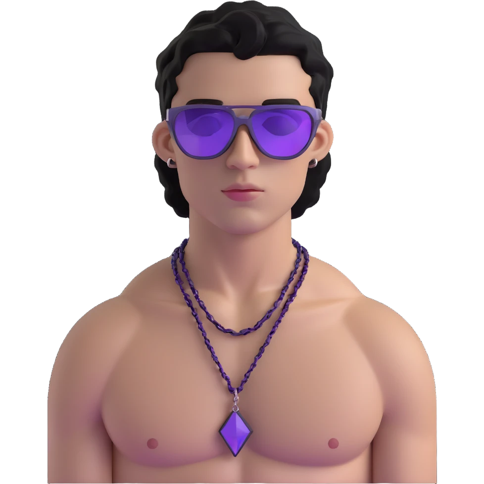 shirtless male athlete with white skin and moderately curly black hair on top with shaved sides, wearing sharp angular geometric purple sunglasses with very dark heavily tinted black lenses, and a simple plain black chain necklace, no earrings emoji