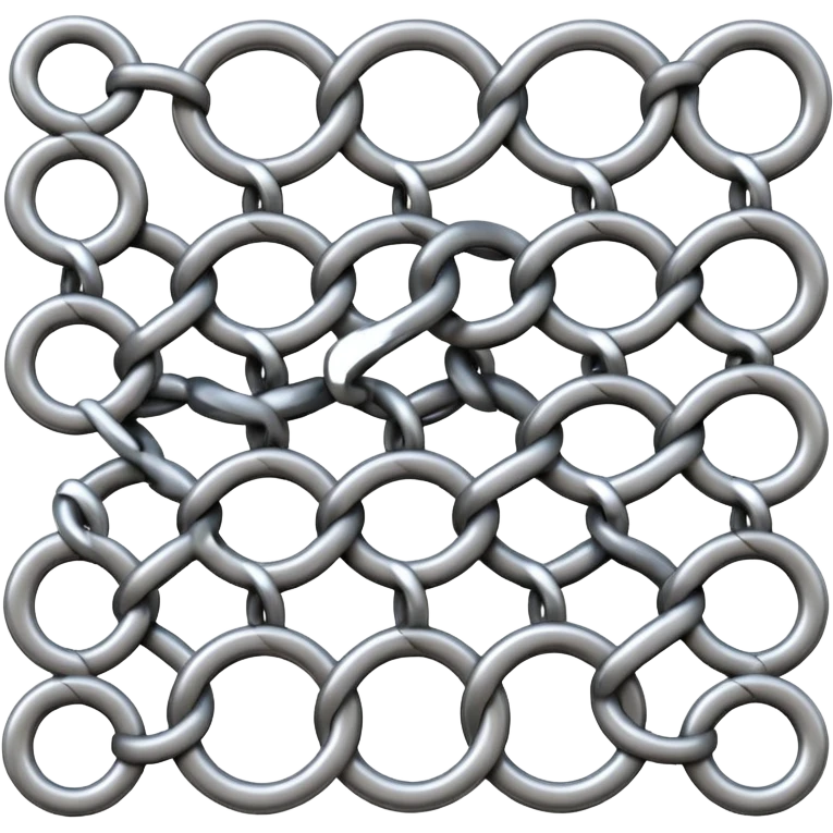 3D render of Screen Door Fragment, made of interlocking chainmail metal rings, wire mesh texture, visible holes and negative space, metallic silver and grey, high contrast shadows, emoji style, isolated on white background --v 6.0. emoji