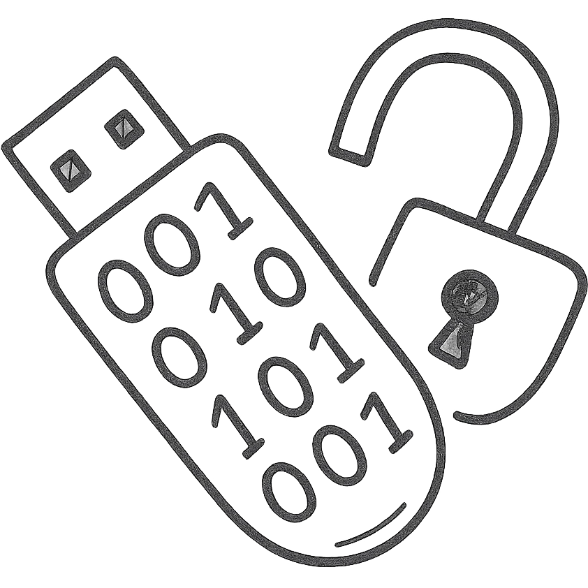 hand-drawn outlined icon of a USB drive and broken lock merged, tilted down-left, transparent, gray and black, with 1s and 0s inside emoji