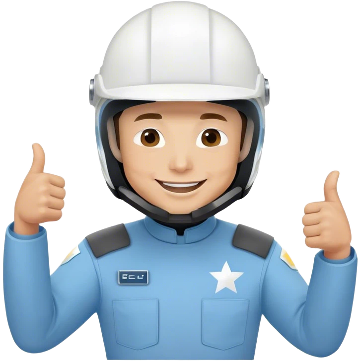 elon musk menggunkan helmet putih berseragam biru langit berlengan panjang dan tersenyum dan mengacungkan jempol emoji