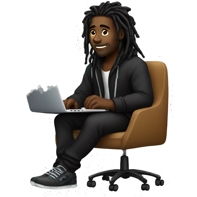 Black-guy-with-dreads-wearing-black-trackstuit-sitting-down-on-chair facing-foward-focused-on-laptop-computer- emoji