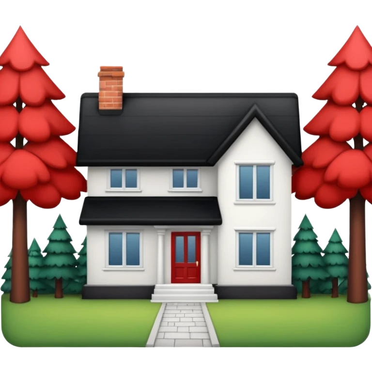 Dom parterowy z czarnym dachem i biała elewacją ze wstawkami z czerwonej cegły.Na drugim planie las. emoji