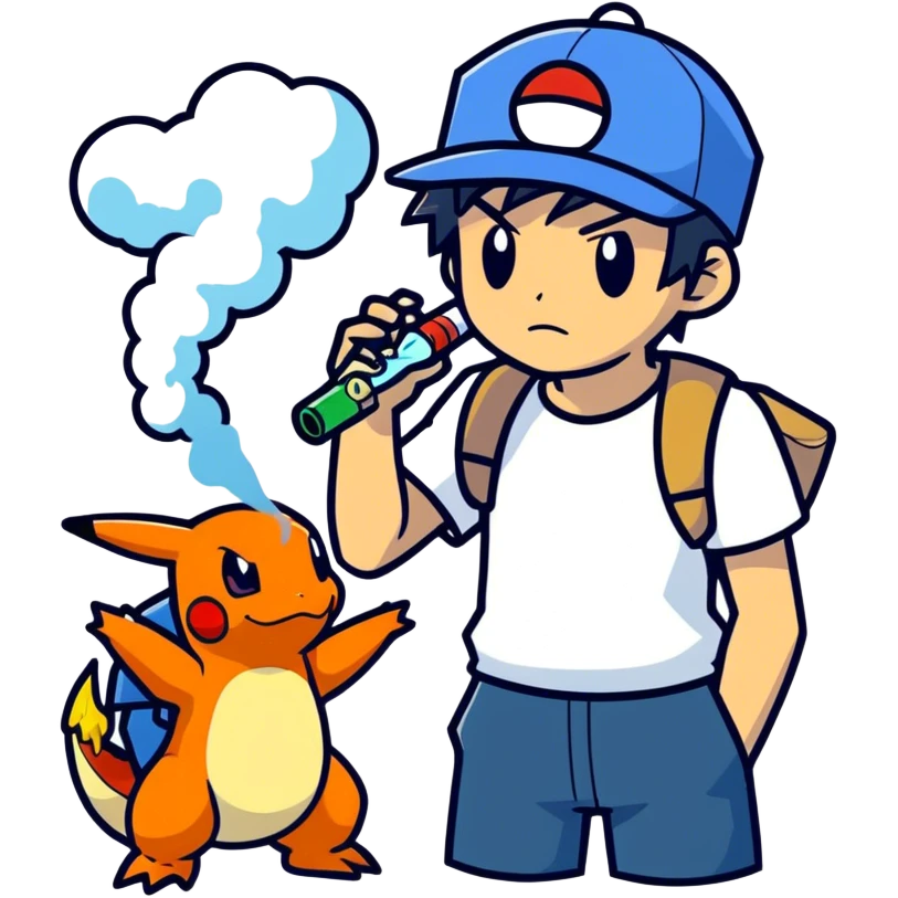 21 yo Handsome Ash Ketchum using a bong with charizard emoji