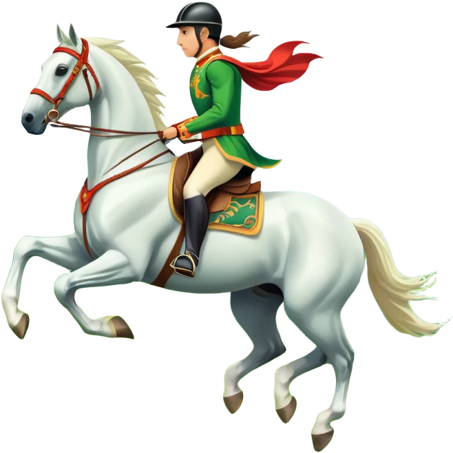 An icon showcasing a majestic horse and rider in full gallop across a lush green field. The background features a clear sky, distant mountains, and a vibrant landscape. The rider wears traditional gear, while the horse leaps with grace and power. Transparent background emoji